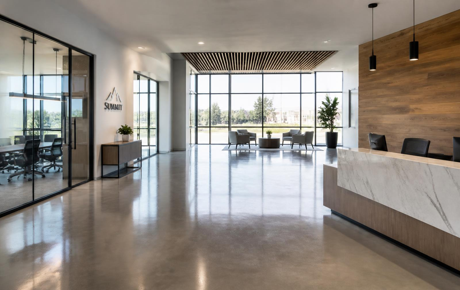 Clean, polished commercial lobby floor